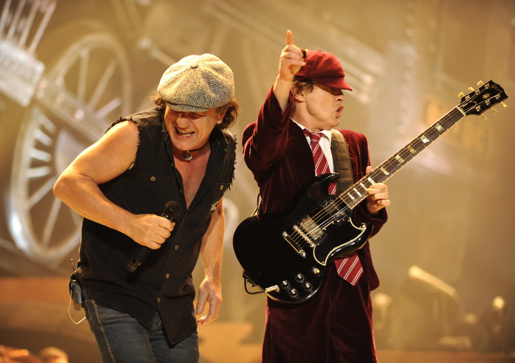 WILKES-BARRE, PN - OCTOBER 28:  Malcolm Young (L) and Angus Young of AC/DC perform during their "Black Ice" Tour Opener on October 28, 2008 in Wilkes-Barre, Pennsylvania.  (Photo by Kevin Mazur/Getty Images)